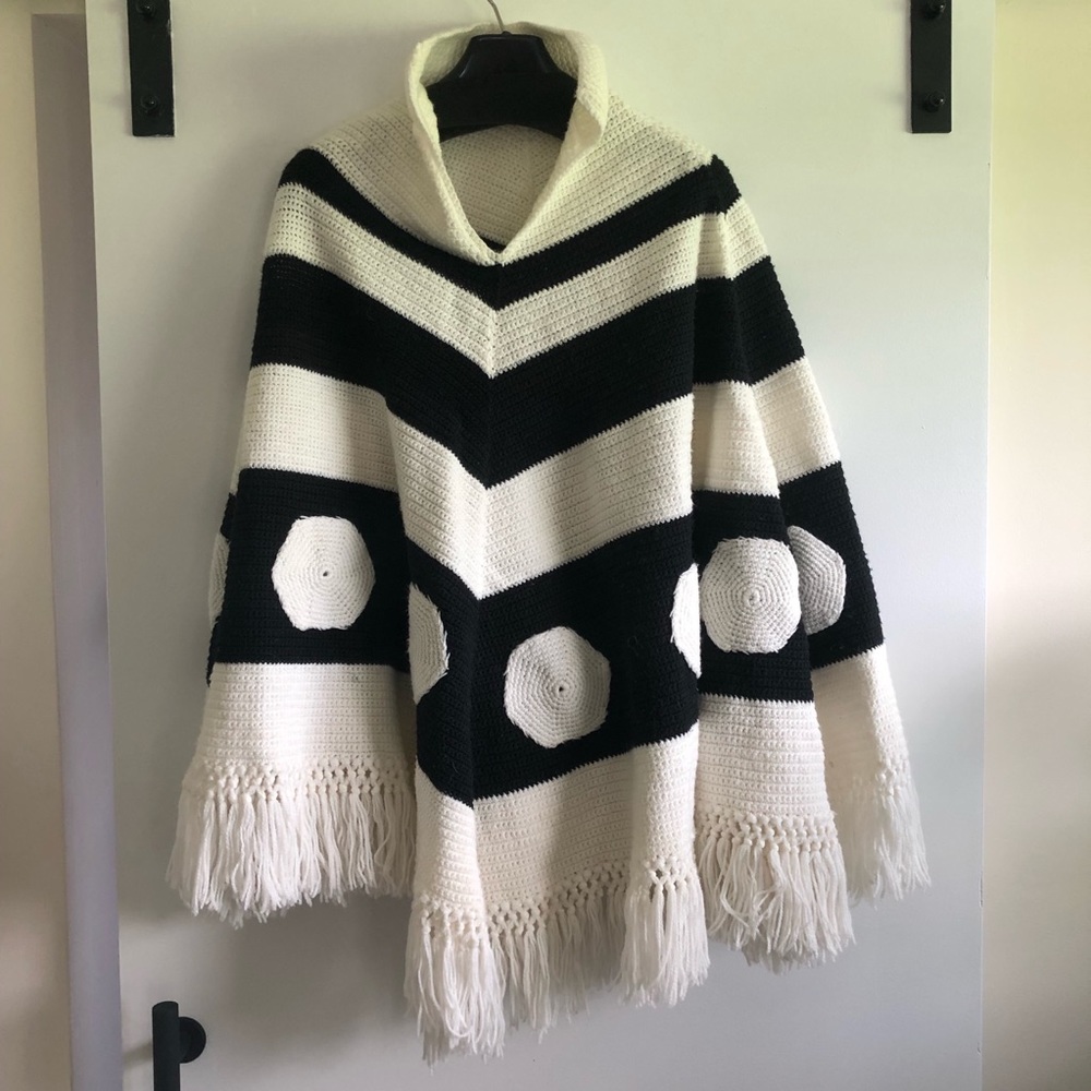 Vintage black and white crochet poncho